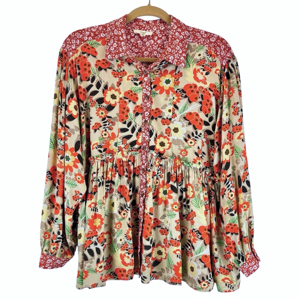 Easel Floral Patchwork Long Sleeve Blouse Top Boho Cottagecore Prairie Sz S